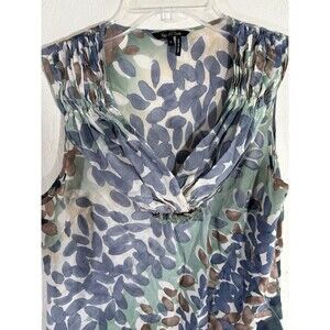 Nic& Zoe Silk Blend Pleated Neck Blouse Women's Print Sleeveless Blue Green Top